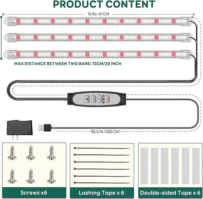 3-Bar Grow Light Strips for Indoor Plants, 16" Full Spectrum Plant Lights, 6500K Sunlike Grow Lights with 6/12/18H Timer, 5-Level Dimmable for Indoor Growing