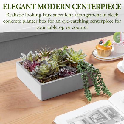 MyGift 8 Inch Square Modern Artificial Succulent Arrangement Potted in Gray Concrete Plant Bowl, Assorted Faux Mini Succulents in a Decorative Planter Pot
