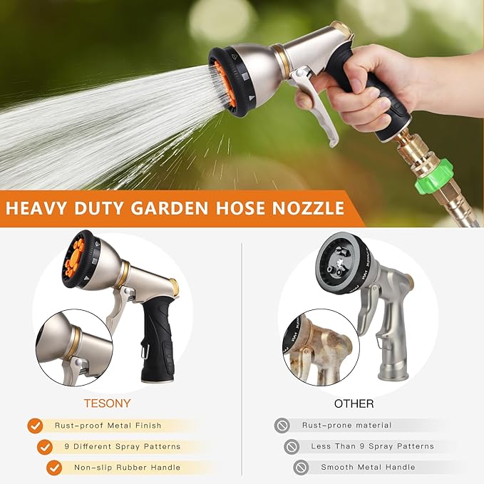 Tesony Garden Hose Nozzle, Heavy Duty Metal Water Hose Sprayer with 9 Adjustable Spray Patterns and Brass Hose Quick Connector, High Pressure Handheld Spray Nozzle Gun for Watering Plants, Car Washing