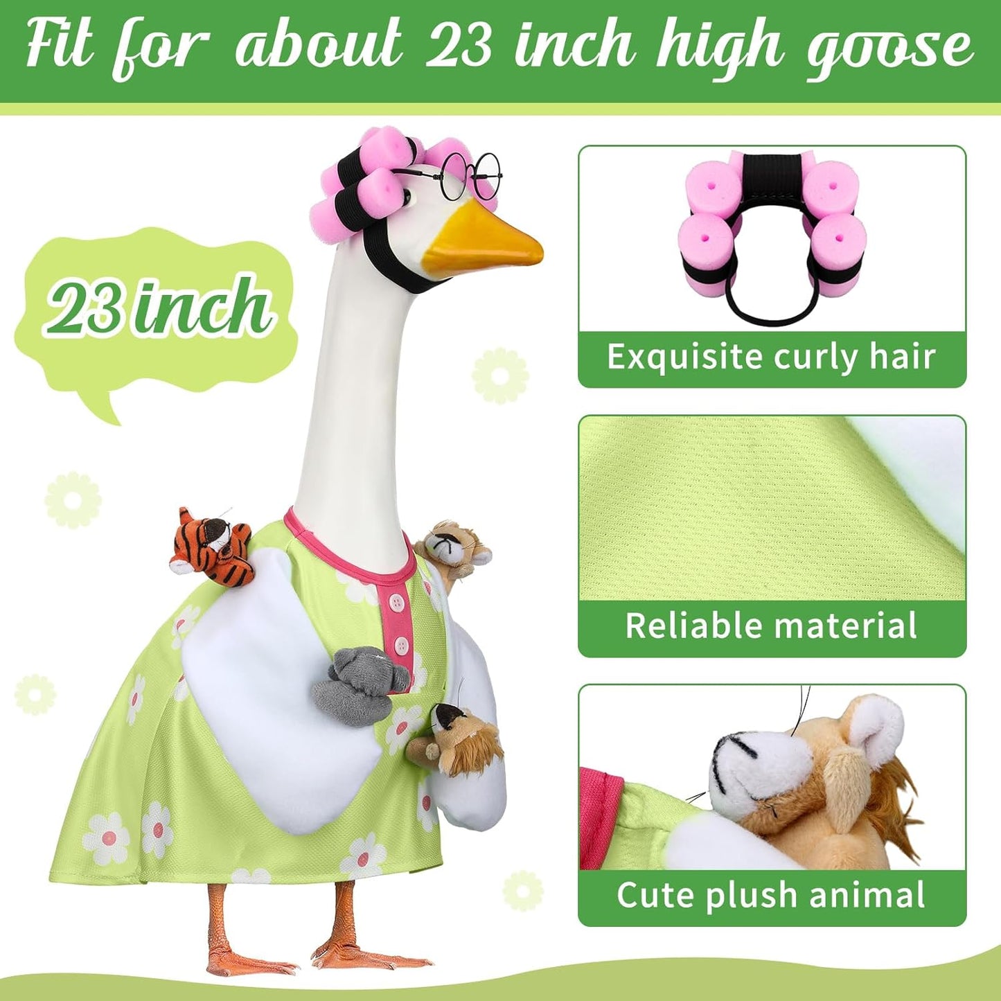 Suzile Funny Lady Porch Goose Outfit for 23'' Cement Goose Curler Wig Costume Glasses with Cute Animals for Halloween Christmas Parties Yard Lawn Outdoor Garden Patio Statue Xmas Santa Holiday Decor