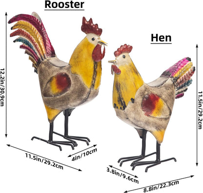 Metal Rooster and Hen Statues Set of 2, Indoor Outdoor Chicken Yard Art Decorations, Farmhouse Kitchen Table Garden Patio Lawn Decor, Gray Yellow Sculptures 12.2x11.5 Inch
