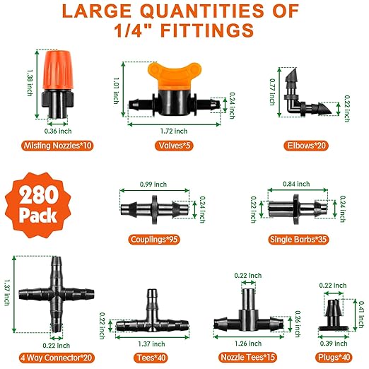 280 Pcs Drip Irrigation Fittings Kit for 1/4" Tubing：Gardrip 1/4 Inch Drip System Barbed Connectors (Nozzles, Nozzle Tees, Valves, Single Barbs, Couplings, Tees, Elbows, Plugs, Crosses)