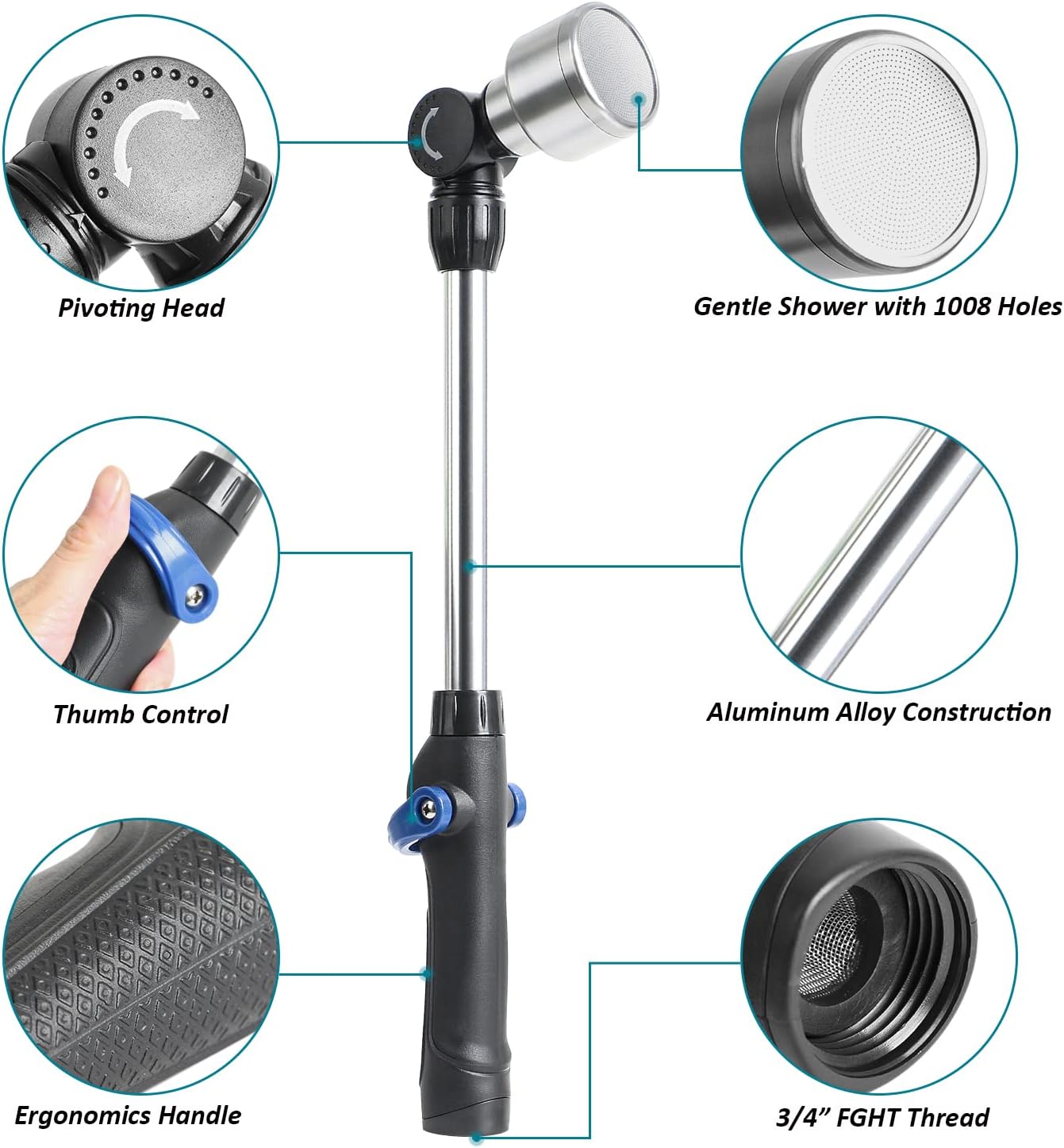 STYDDI Soft Rain Watering Wand with Pivoting Head and Thumb Control, 18" Gentle Classic Rain Wand with 1008Holes Stainless Head, Perfect for Hanging Baskets, Planters, Greenhouses and Seedbed