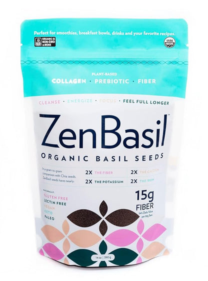 Zen Basil Seeds | edible basil seeds usda organic, kosher, non-gmo, lectin free, gluten free, plant based, keto, paleo, vegan | 15g fiber per/serv | 14oz | more fiber than chia seeds | prebiotic