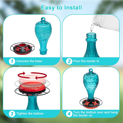 Hummingbird Feeder - Hand Blown Glasss Hummingbird Feeders for Outdoors Hanging with Ant Moat, Never Fade, Garden Backyard Decoration, for Women Mom Dad (Blue)