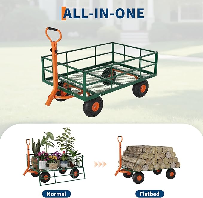 Versatile Garden Cart for Lawn and Yard with Heavy Duty Steel, 1200 Lbs Capacity Mesh Steel Garden Cart Folding Utility Wagon with Removable Side Panels, Long Handle, 10" Tires - Green and Orange