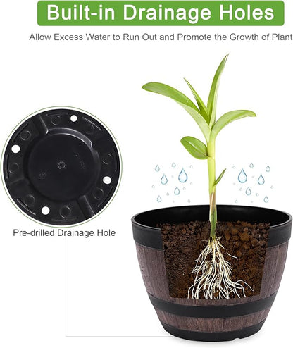 VECELO Plant Pots with Drainage Holes & Saucer, 9 Inch Flower Pots with Tray, 3 Pack Plastic Whiskey Barrel Planters for Indoor & Outdoor Garden Home Plants and Flowers