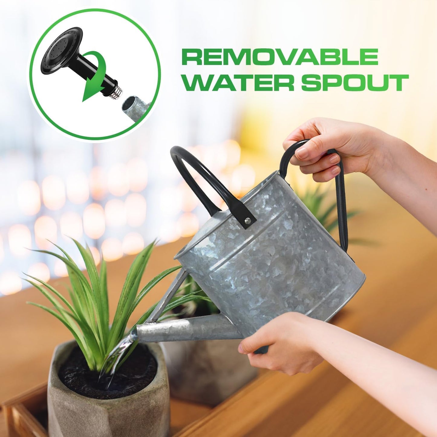 Plexon 1 Gallon Metal Watering Can Outdoor, Flower Plant Gardening Garden Large Galvanized Watering Can Pot Pitcher, Steel Black Handles and Removable Spray Spout