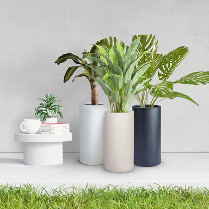 19.5" H x 9.8" D Tubo Fiberstone Cylinder Tall Planter with Drainage Hole, Smooth Finishes, for Indoor and Outdoor Use, Included 2 Extra Coco Mats (Light French Gray, 8.2" Pot Opening)