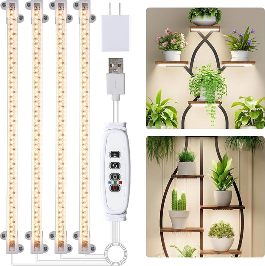LED Grow Light Strips for Indoor Plants Full Spectrum 3500K, 192 LEDs Plant Light Bar with 3/9/12H Timer, 10 Dimmable Levels for Seedling Succulent, 13 Inches, 4 Head