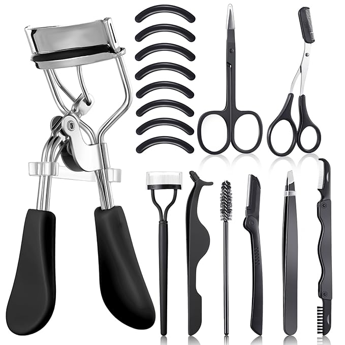 17 Pcs Eyelash Curlers Kit Lash Curler Eyelash Comb Seperator Extension Tweezers Eyebrow Brush Scissors False Eyelashes Applicator Eyebrow Trimmer Silicone Refills Pads for Women(Black)