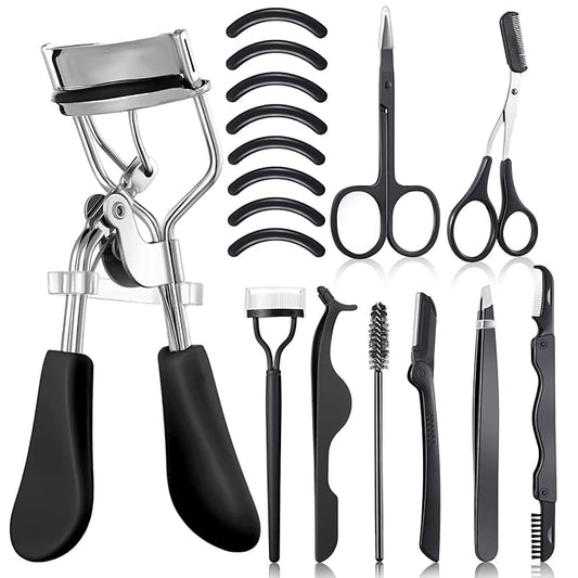 17 Pcs Eyelash Curlers Kit Lash Curler Eyelash Comb Seperator Extension Tweezers Eyebrow Brush Scissors False Eyelashes Applicator Eyebrow Trimmer Silicone Refills Pads for Women(Black)