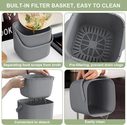 Stylish Kitchen Compost Bin- 1.85 Gal/ 7L Countertop Compost Bin with Lid, Inner Sieve for Separating Liquid from Food, Easy to Clean (Grey, 1.85GAL)