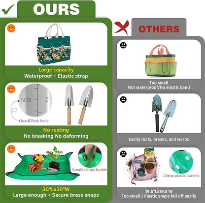 22Pcs Gardening Tools Set for Women Heavy Duty Garden Hand Tools Kit Organizer Gifts for Mom Beginner Gardener Gardening Accessories with Tote Bag/Shovels/Repotting Mat/Plant Labels/Gloves-Dark Green