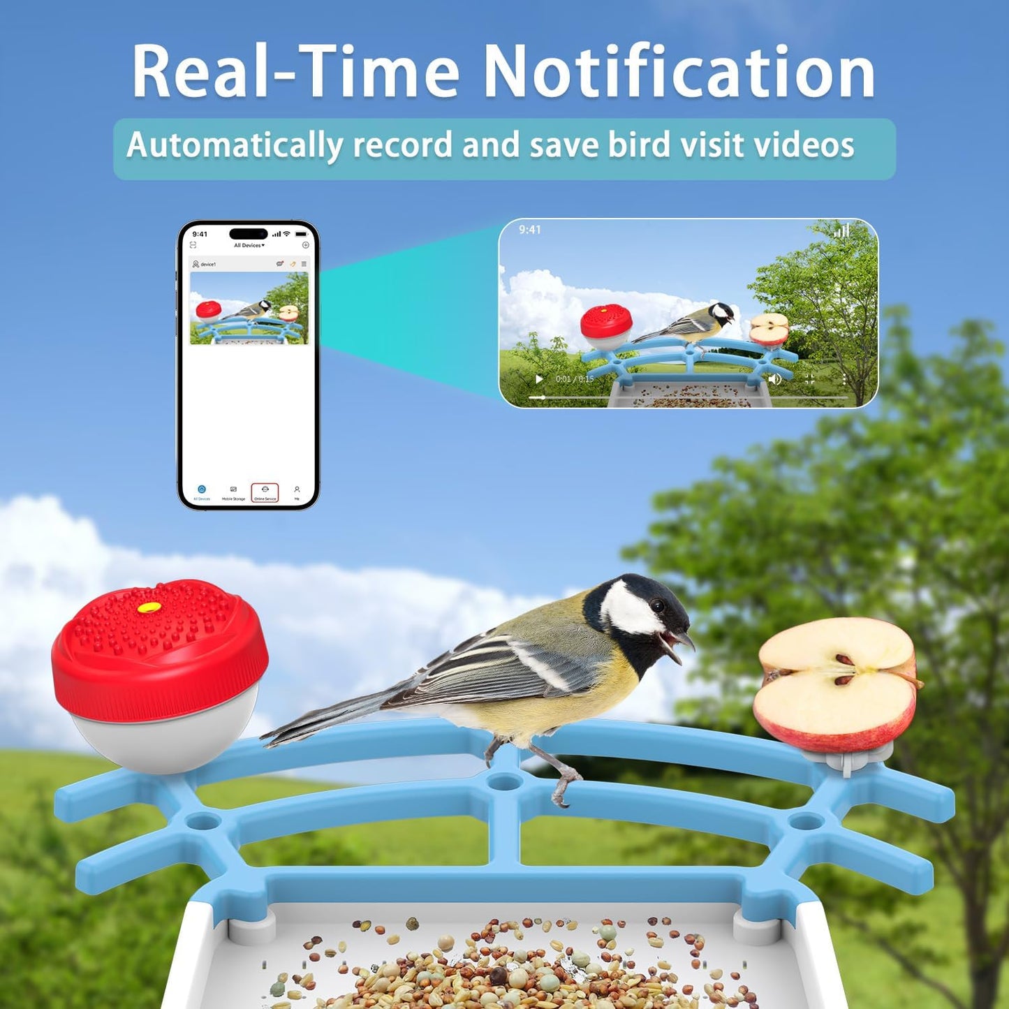 Smart Bird Feeder with Camera, Solar Powered Birds Watching Camera, 2K Night Vsion, AI Identify, Auto Capture & Live Video Watch Birds, Built-in TF, Ideal Gift for Outdoor Bird Watching Lover