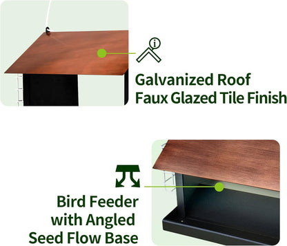 Solution4Patio Brown Roof Outdoors Hanging Bird Feeders, All Metal, Double Suet Cake and Large Capacity, Hopper Tray & Weatherproof for Finch, Cardinal & Chickadee