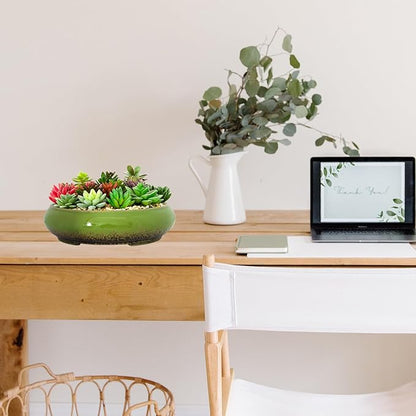 Succulent Pots - 11.5 Inch Ceramic Bonsai Pots with Drainage, Large Shallow Succulent Planters for Indoor Outdoor Plants, Round Glazed Cactus Flower Plant Container Bowl Home Desk Decor(Green)