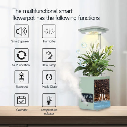 Multifunctional Intelligent Flower Pot,Indoor Desktop Green Hydroponics Planting Flowerpot with Bluetooth Speaker,Adjustable Plants LEDGrow Light,humidifier, Air Purification,Desk lamp