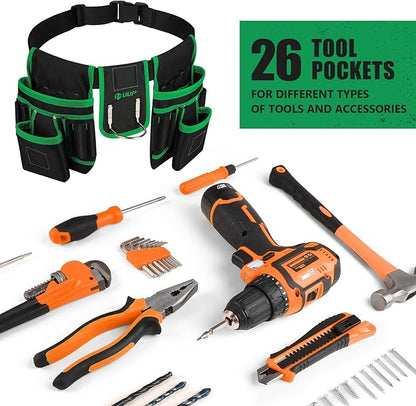 Magnetic Tool Belt for Men, 26 Pockets Heavy Duty Tool Pouch, Magnet Holster Nail Utility Toolbelt Detachable Adjustable Waist Holder for Handyman Contractor Mechanic Plumber Roofer Dad Gift -Green