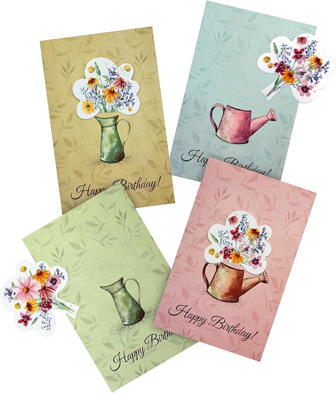 Seed Paper Birthday Cards – 4 Plantable Bouquet Inserts with Wildflower Seeds, 4 Greeting Cards & Envelopes, Unique Gift for Birthdays & Special Occasions