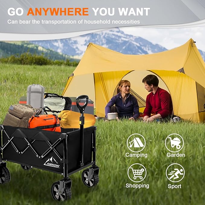 Collapsible Wagon Cart with Wheels Foldable, Folding Wagons Carts with Silent Universal Wheels, Large Grocery Cart On Wheels, Heavy Duty Utility for Shopping Beach Sports Fishing Camping, Black