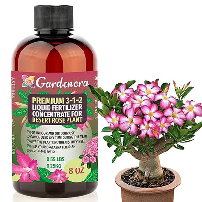 Premium Liquid Desert Rose Plant Fertilizer - 3-1-2 Concentrate for Indoor Plants and Flowers by Gardenera | Organic Plant Food for Desert Roses - 8oz