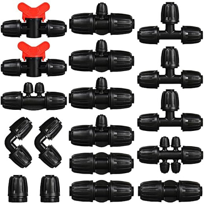 1/2 Inch Drip Irrigation Fittings Kit: 18 Pieces Drip Locked Nut Connectors for 1/2" Drip Irrigation Tubing (1/2" ID x0.6-0.65" OD) Couplings Tees Elbows Plugs Valves Reducing Tees
