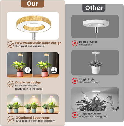 Grow Lights for Indoor Plants, 48 LEDs Full Spectrum Plant Grow Light, Height Adjustable Faux Wood Grain Halo Plant Light with Base, 3 Optional Spectrums, Auto Timer 6/12/16Hrs, 5 Brightness