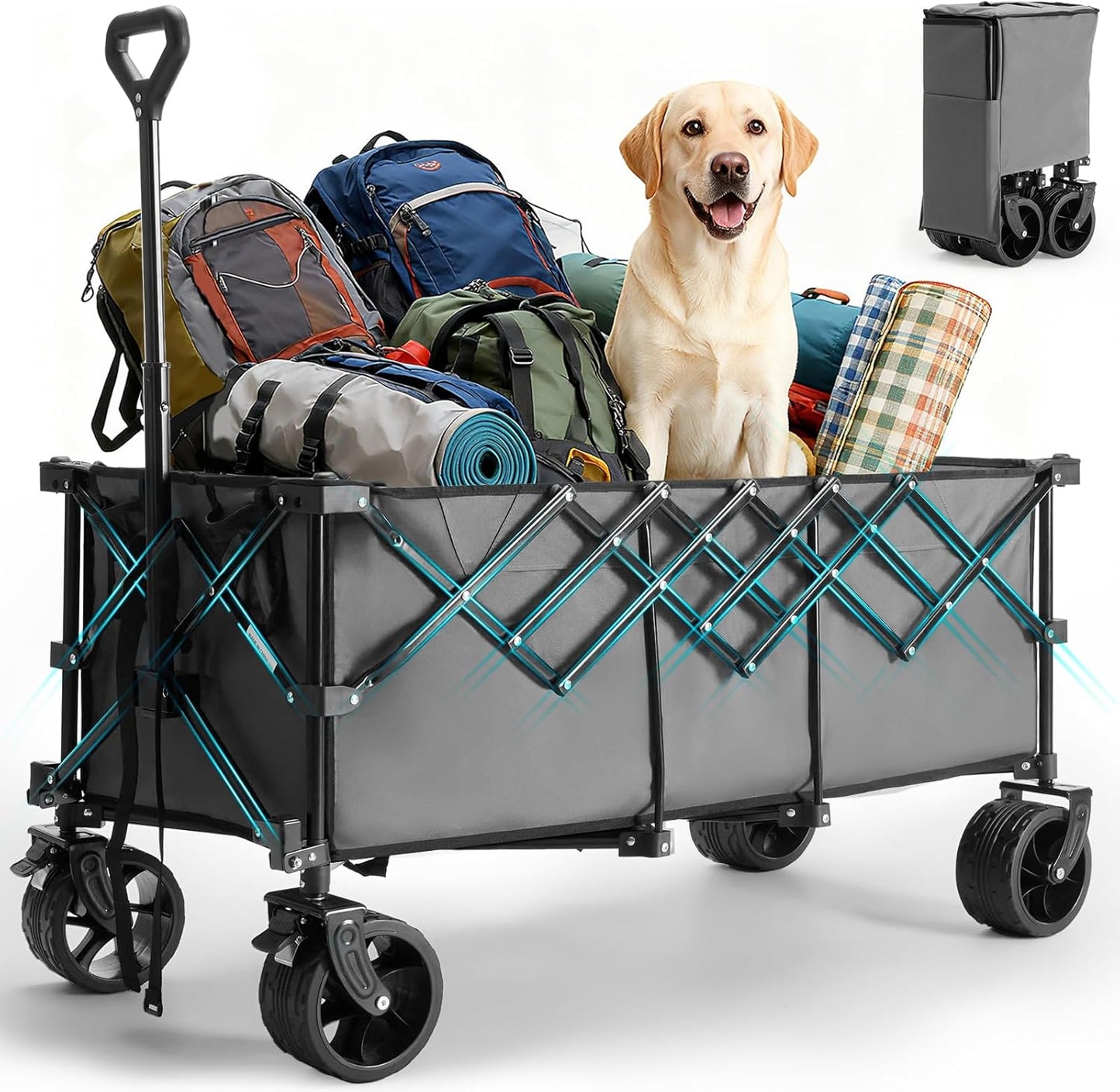 OLIXIS Collapsible Wagon Cart - 440lbs Foldable Extra Long Heavy Duty Utility Wagon with Wheels, Portable Storage Grocery Cart for Camping, Shopping, Sports, Beach, Garden (Grey, 48" L)