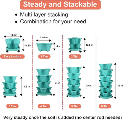 Vertical Planter 6 Tier Stackable Planters Garden Planters Strawberry Herb Flower and Vegetable Planter Indoor Outdoor Gardening Pots with Removable Wheels and Tools