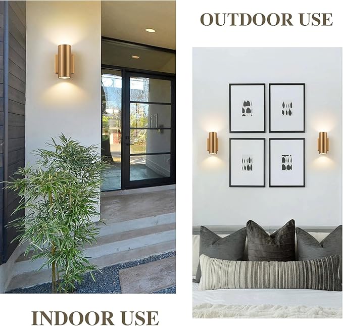 Up and Down Lights Outdoor, Modern Gold LED Outdoor Wall Lights Fixture in 2 Lights, 7 inch Cylinder Exterior Light Fixture Wall Mount for Porch Patio Garage House Entryway