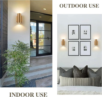 Up and Down Lights Outdoor, Modern Gold LED Outdoor Wall Lights Fixture in 2 Lights, 7 inch Cylinder Exterior Light Fixture Wall Mount for Porch Patio Garage House Entryway