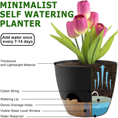Self-Watering Plant Pots with Water Level Indicator, Drainage Holes & Saucers – 12/10/9 Inch Large Plastic Planter Set for Indoor & Outdoor Plants(Black)