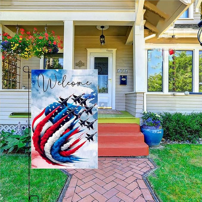 Patriotic Garden Flag 12x18 Inch Double Sided Outside, USA 4th of July Memorial Day Independence Day Watercolor Yard Outdoor Decoration(Fighter jet)