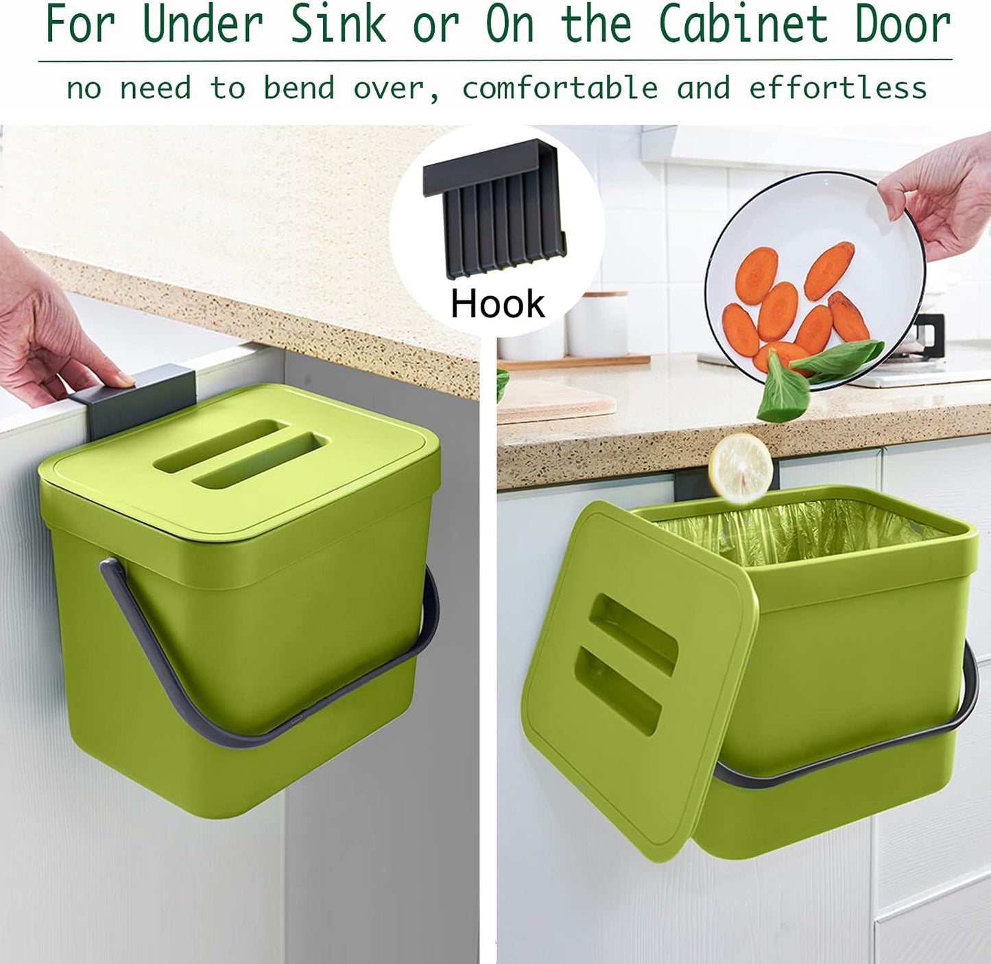 LALASTAR 1.8 Gallon Hanging Trash Can, Green, Plastic, Compost Bin Indoor Kitchen Sealed, Small Trash Can with Lid, Mountable