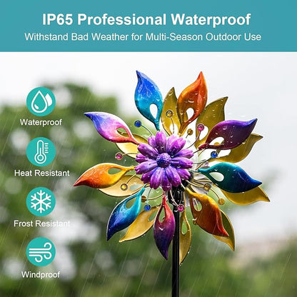 360° Wind Spinners Outdoor with Solar Lights Colored Petals Garden Decor Yard Lawn Art Decor for Patio Kinetic Flower Windmills Unique Gifts for Friends and Family 60.63'' H x 13.38'' Dia