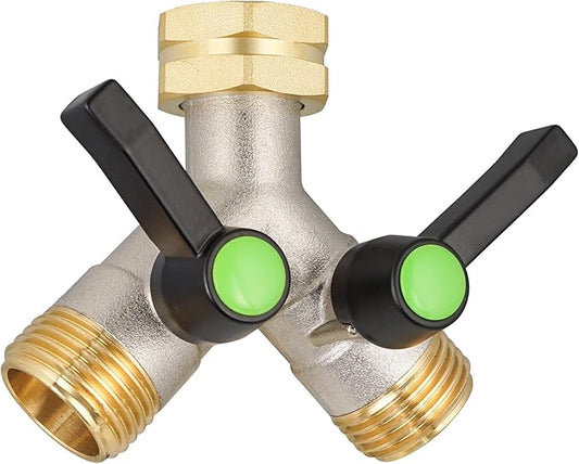2 Way Hose Splitter, Brass High Flow Garden Hose Splitter Heavy Duty, Hose Connector, Water Spigot Splitter, Full Flow Faucet Splitter with shutoff, 3/4” GHT Inlet
