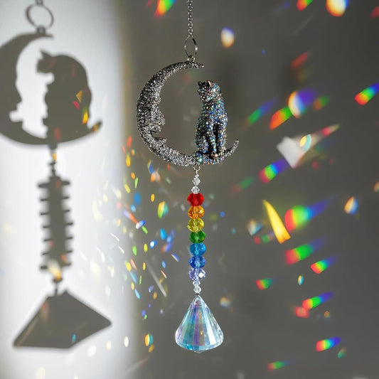 H&D HYALINE & DORA Crystal Suncatchers Moon Cat Sun Catchers Hanging Ornament with Chakra Beads Prism Pendant Pet Memorial Suncatcher Rainbow Maker for Home Indoor Outdoor Decor