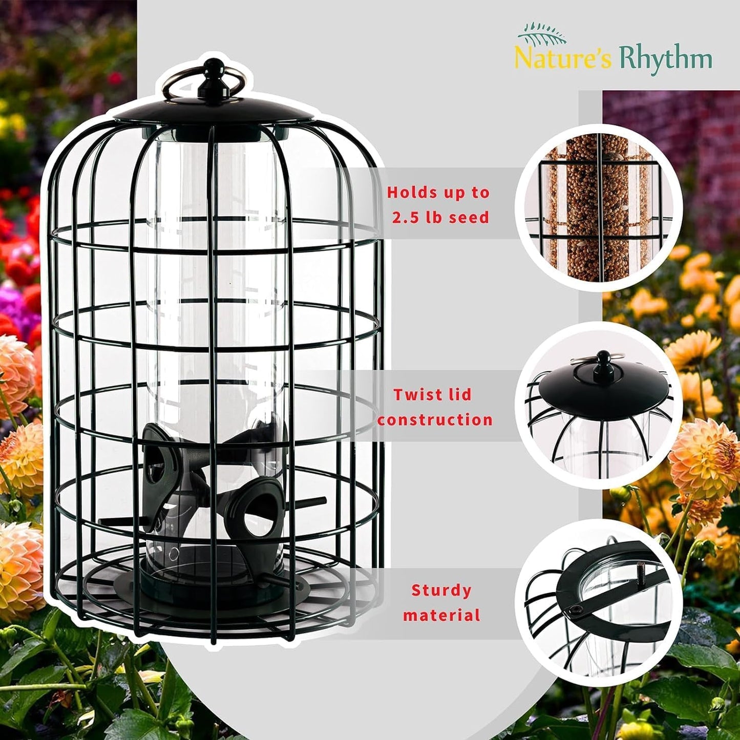 Nature's Rhythm Outdoor Hanging Bird Feeder Cage PC Tube Squirrel Proof Wild Bird Feeder with Large Metal Seed Guard Deterrent