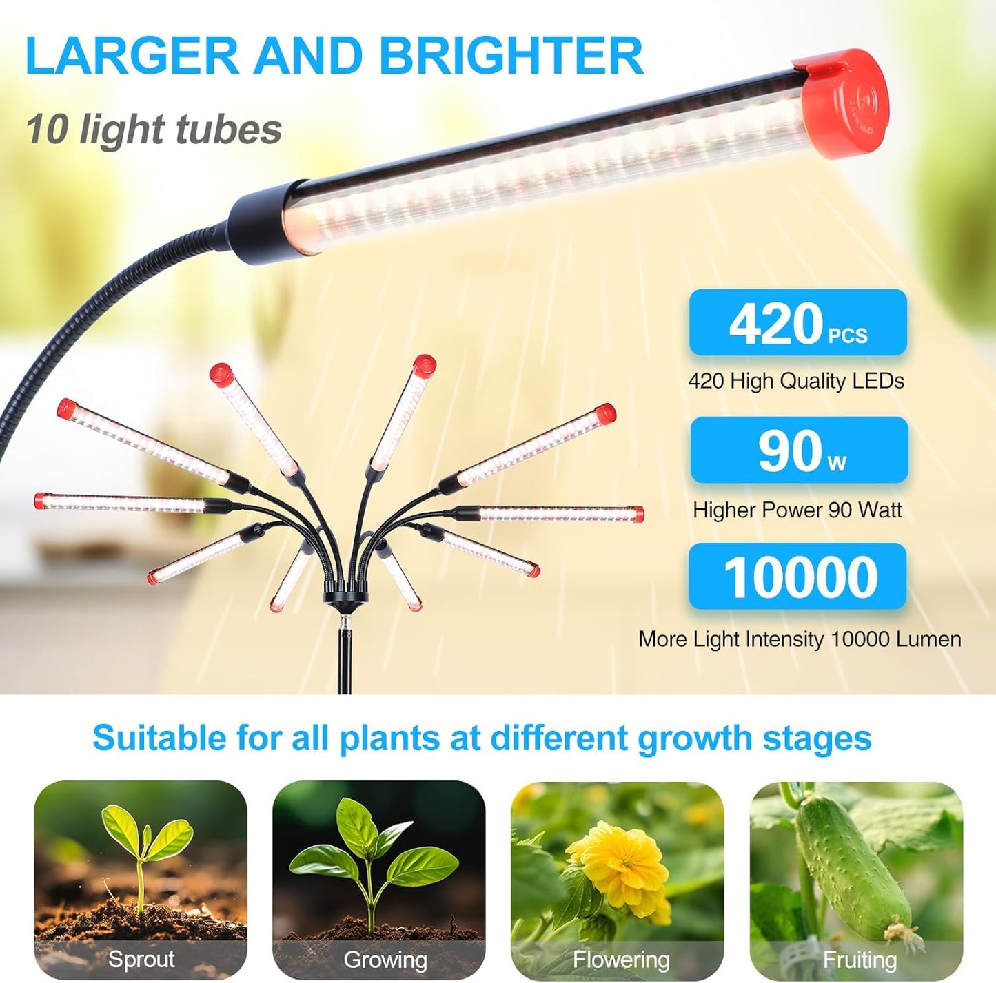 10-Head Grow Light with Stand and Timer, 90 Watt Power Home Plug LED Grow Lights for Indoor Plants for Tall Houseplants, Bonsai Tree, Seed Starting, 24"-64" Adjustable Height