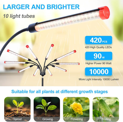 10-Head Grow Light with Stand and Timer, 90 Watt Power Home Plug LED Grow Lights for Indoor Plants for Tall Houseplants, Bonsai Tree, Seed Starting, 24"-64" Adjustable Height
