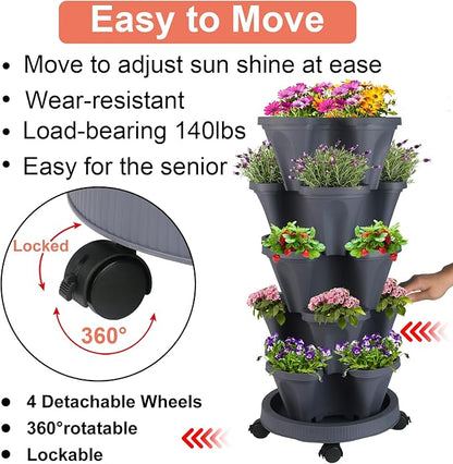 Vertical Planter 5 Tier Stackable Planters Garden Planters Strawberry Herb Flower and Vegetable Planter Indoor Outdoor Gardening Pots with Removable Wheels and Tools