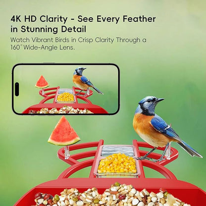Smart Bird Feeder with Camera, Solar Panel & 5200mAh Battery, 4K HD Video, AI Identification, Instant Arrival Alerts & Alarm, IP65 Weatherproof, 32GB Card, 2L Capacity, Bird Lover’s Smart Companion