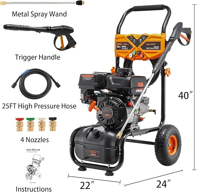 Gas Pressure Washer 3500PSI, 209CC 2.3GPM Gas Power Washers with 25FT Hose, 4 Quick-Connect Nozzles, Soap Tank, Axial Pump, Commercial High Pressure Washers Gas Powered for Car Driveway Wall