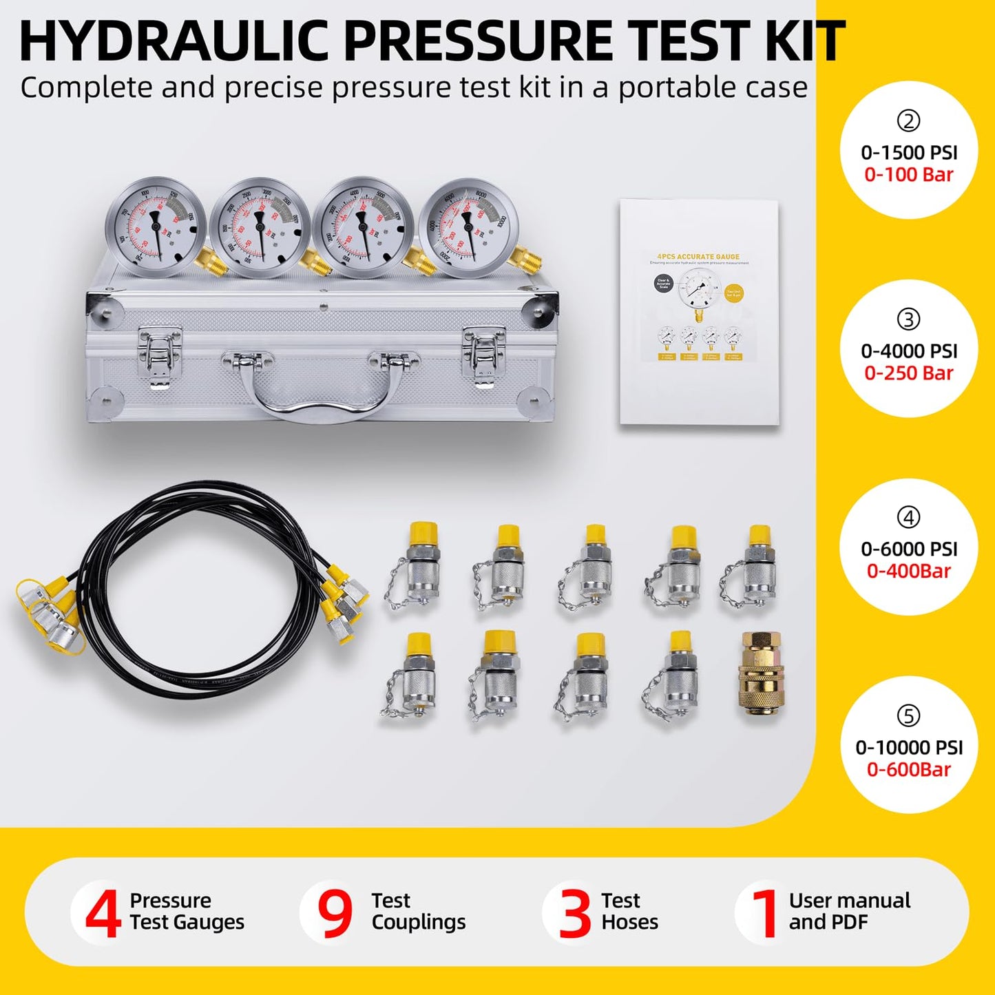 Hydraulic Pressure Test Kit with 4 Gauges (Max 10,000 PSI), 10 Test Couplings, 3 Test Hoses, Hydraulic Gauge Tester Set for Excavators, Construction Machinery, and Mining.