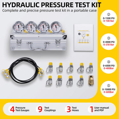 Hydraulic Pressure Test Kit with 4 Gauges (Max 10,000 PSI), 10 Test Couplings, 3 Test Hoses, Hydraulic Gauge Tester Set for Excavators, Construction Machinery, and Mining.