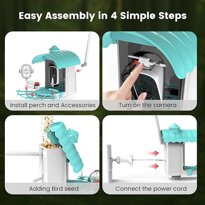 Smart Bird Feeder with Camera, AI Identify Birds Species Solar Powered, 2K HD Video Bird House with Camera, Instant Arrival Alerts, Waterproof Squirrel Proof, Gift for BirdLovers, 2.4GHz WiFi, Blue