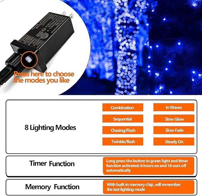 75.8 FT 200 LED Blue Christmas String Lights Outdoor & Indoor, Timer & Memory Function & 8 Modes, Extendable Ultra Bright Green Wire Mini Twinkle Lights for Xmas Tree Patio Holiday Party Garden Decor