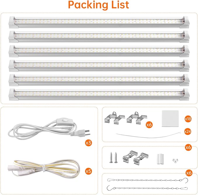 Bstrip Grow Light, 2FT 144W (6 x 24W) Plant Light, Full Spectrum with 660nm Red LEDs, 3686K T8 Grow Lights for Indoor Plants, Greenhouse, Seeding, Linkable Design with On/Off Switch, 6-Pack