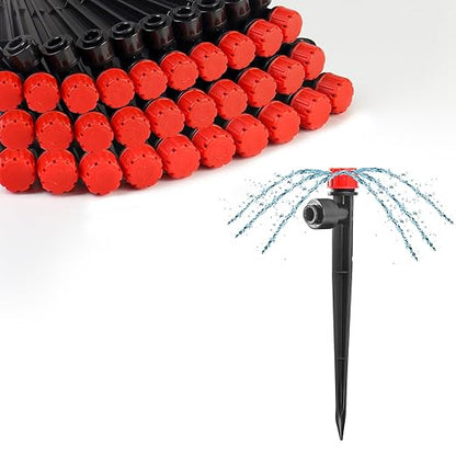 MIXC 30pcs Quick-Connect Drip Irrigation Emitters for 1/4" Drip Irrigation Tubing - Adjustable Push-to-Connect 360° Drip Emitters Stream on 6" Sturdy Stake for Irrigation System
